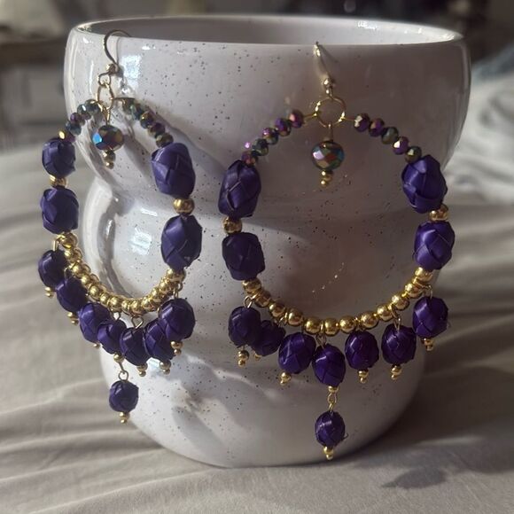 Gold plated Purple and Gold Palm Beaded Hoop handmade Artesanal Earrings - Picture 1 of 5